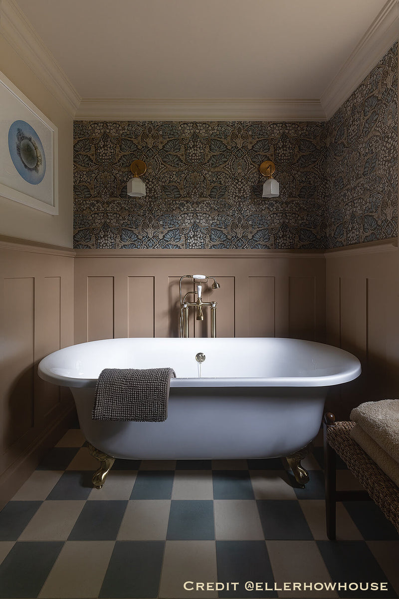 Bathroom with Edwardian Wall Panelling, a freestanding bathtub, checkered floor, and patterned wall.