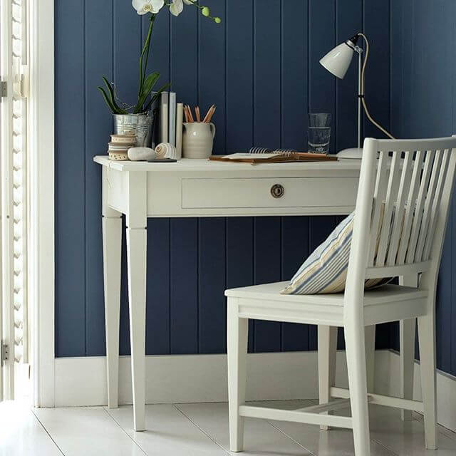 Shaker style wall Panelling made from MDF. Panelling has been painted blue with a white desk.